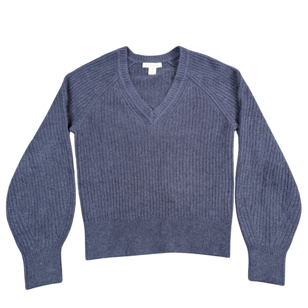 Athleta Womens XS Navy Blue Merino Wool Ribbed V-Neck Balloon Sleeve Sweater
